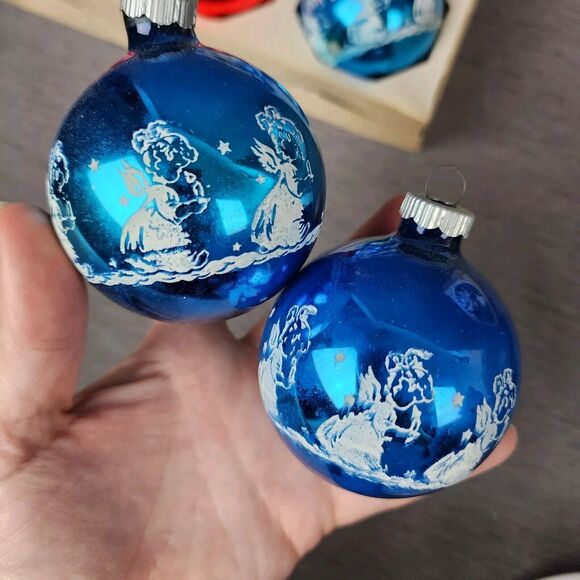 Vintage Shiny Brite Christmas Ornaments Blue White Angel Candle 6 Pieces Set - Picture 6 of 11